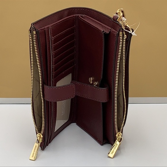 MICHAEL KORS LG DOUBLE ZIP WRISTLET Wallet Phone Holder MERLOT Dark Cherry NWT - Picture 10 of 16